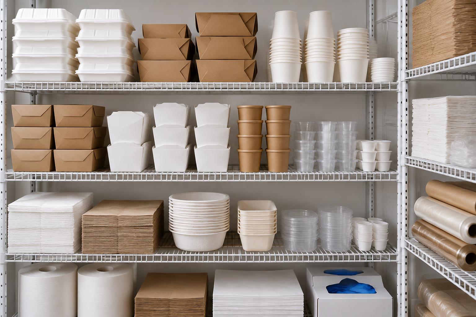 Restaurant supply storage room with cups, takeout packaging and cleaning consumables