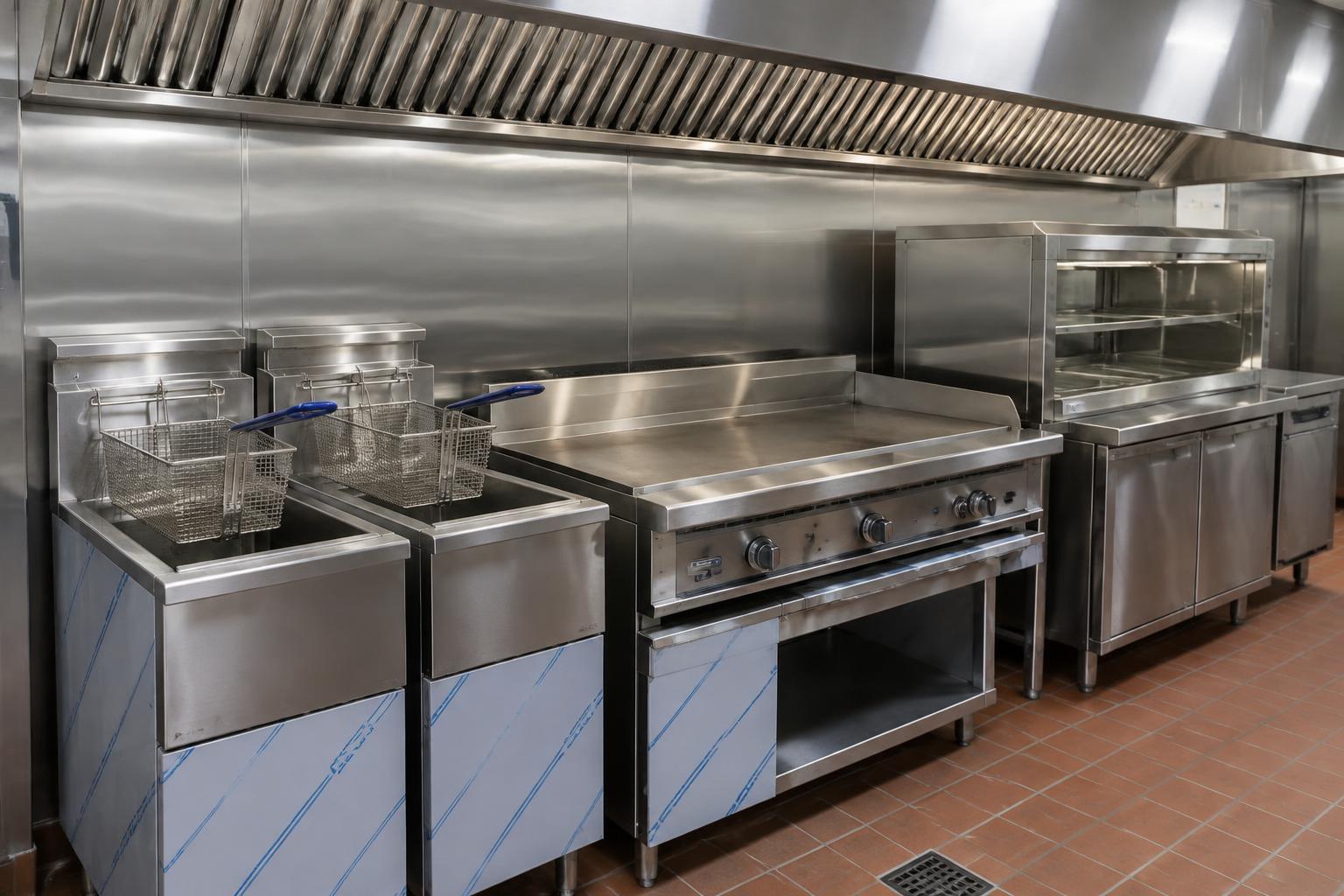 Stainless steel commercial cooking line with fryers, griddle and range under an exhaust hood