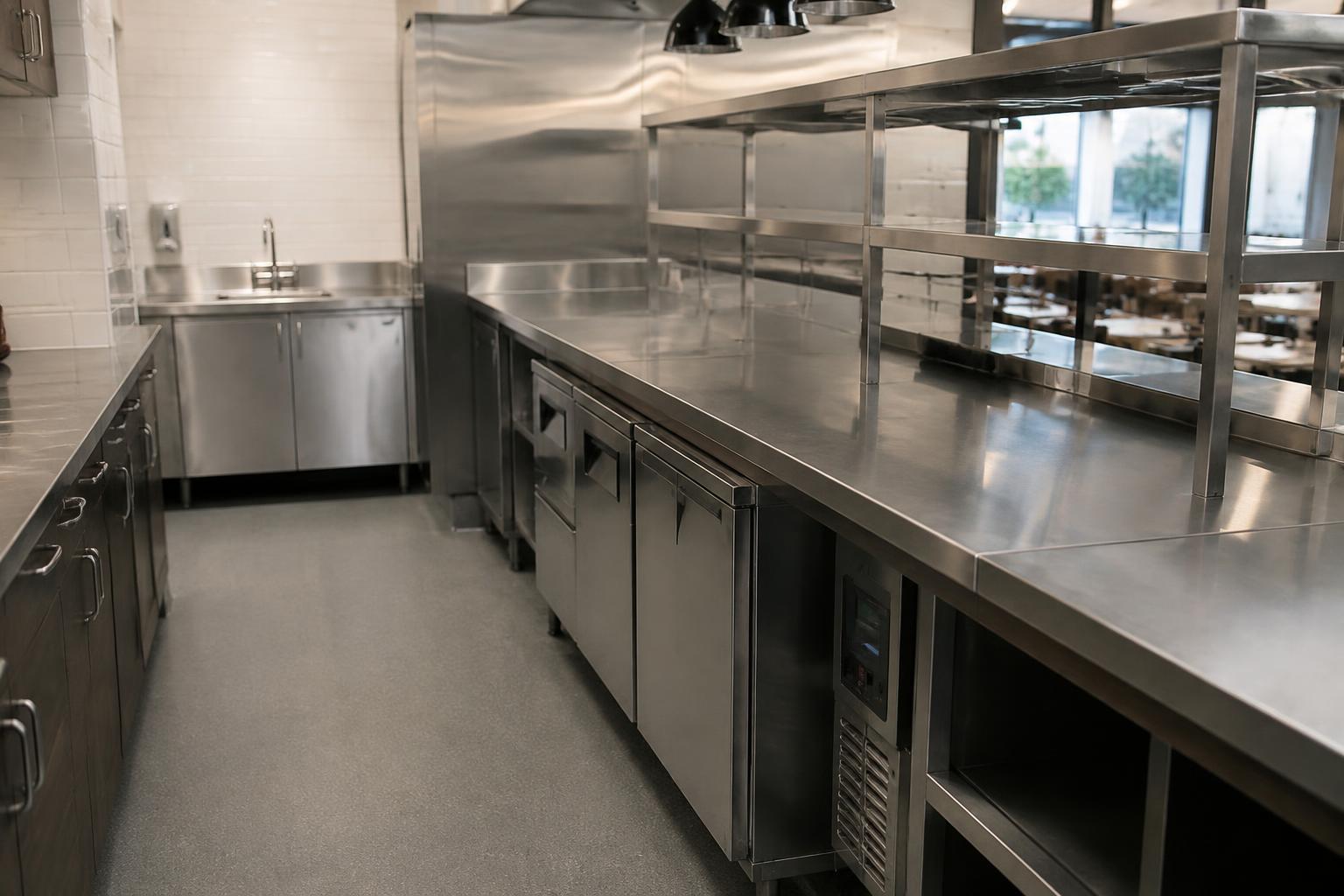 Newly installed commercial kitchen counters with integrated storage, stainless worktops and service shelving