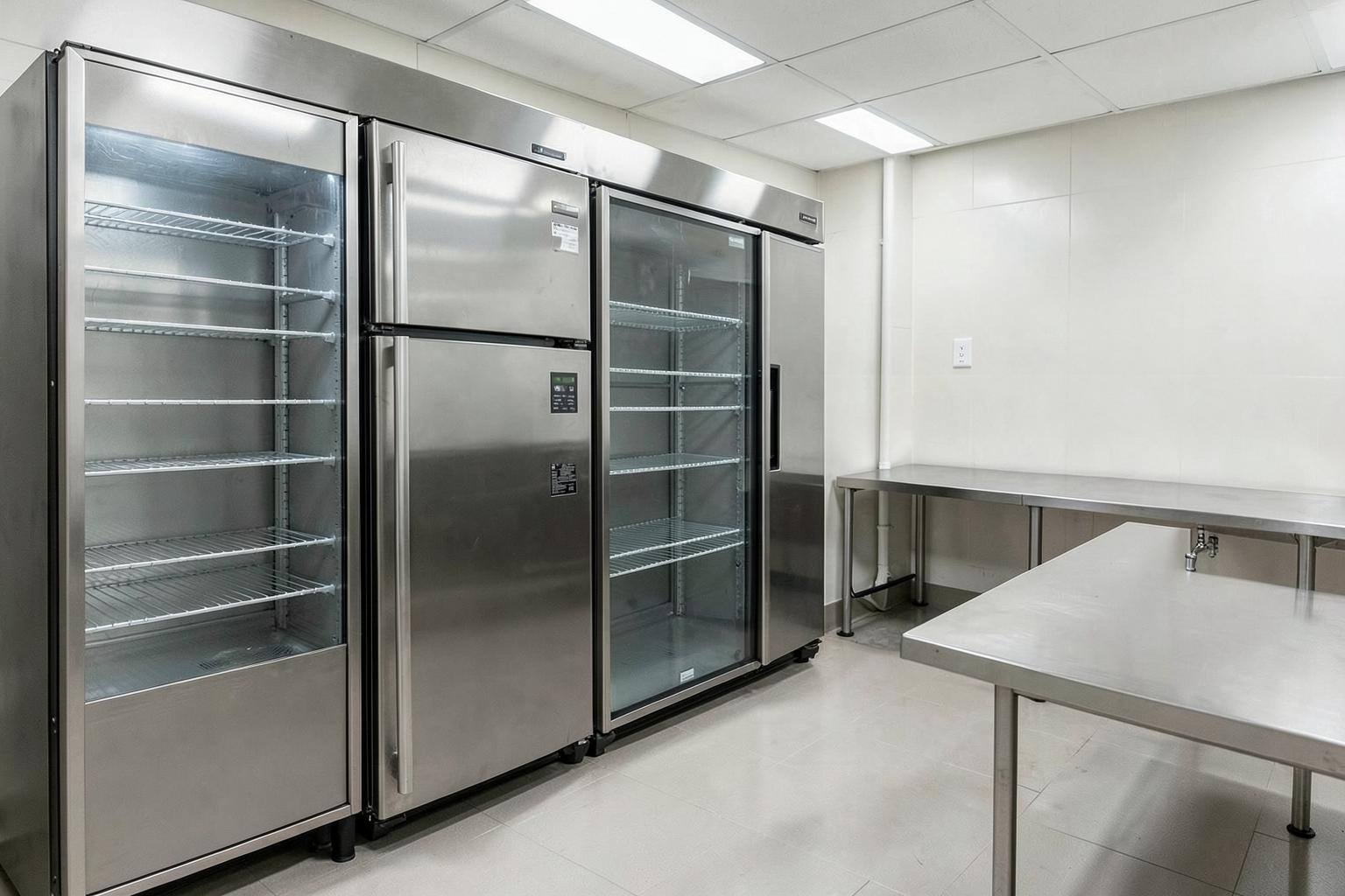 Commercial reach-in coolers, walk-in cooler door and undercounter refrigeration in a restaurant kitchen