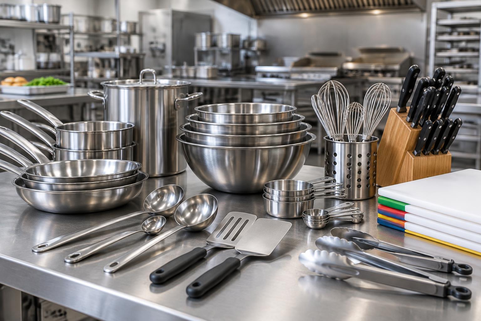 Shelving stocked with stainless pans, utensils, bowls and food storage containers