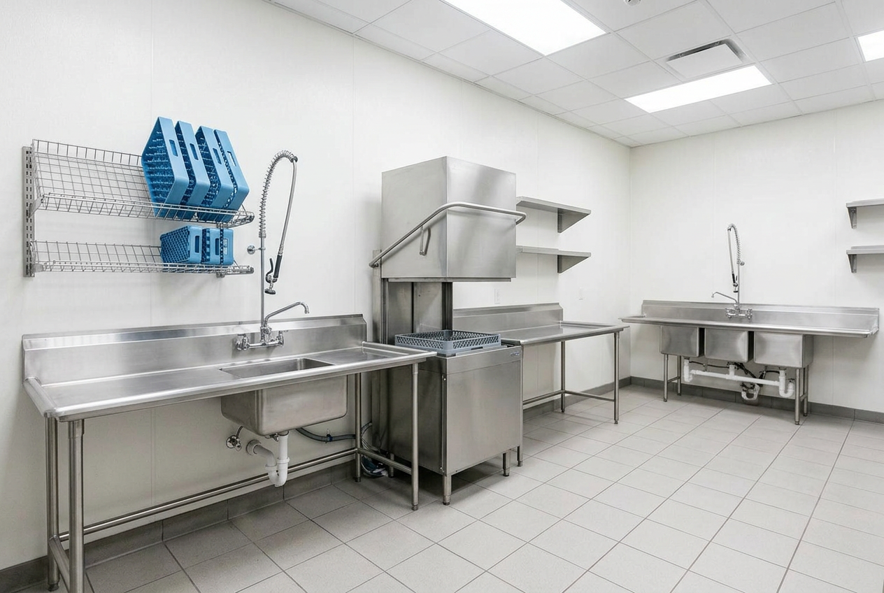 Commercial dishwashing station with a stainless dishwasher, plate racks and a spray sink