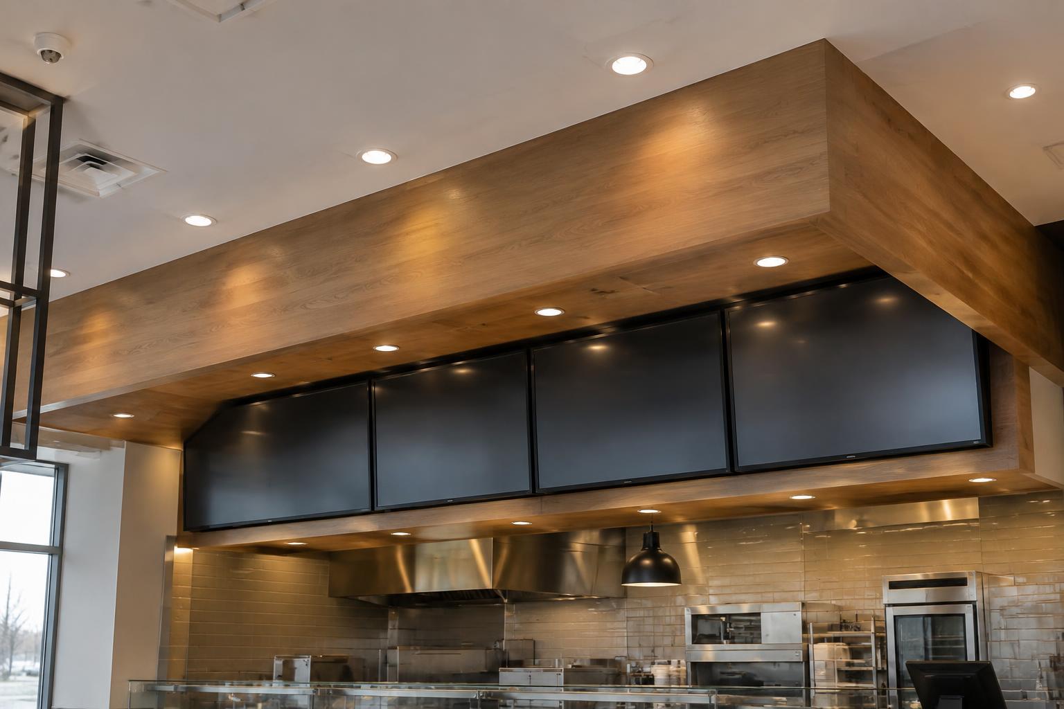 Custom menu board bulkhead and finished soffit above a restaurant counter