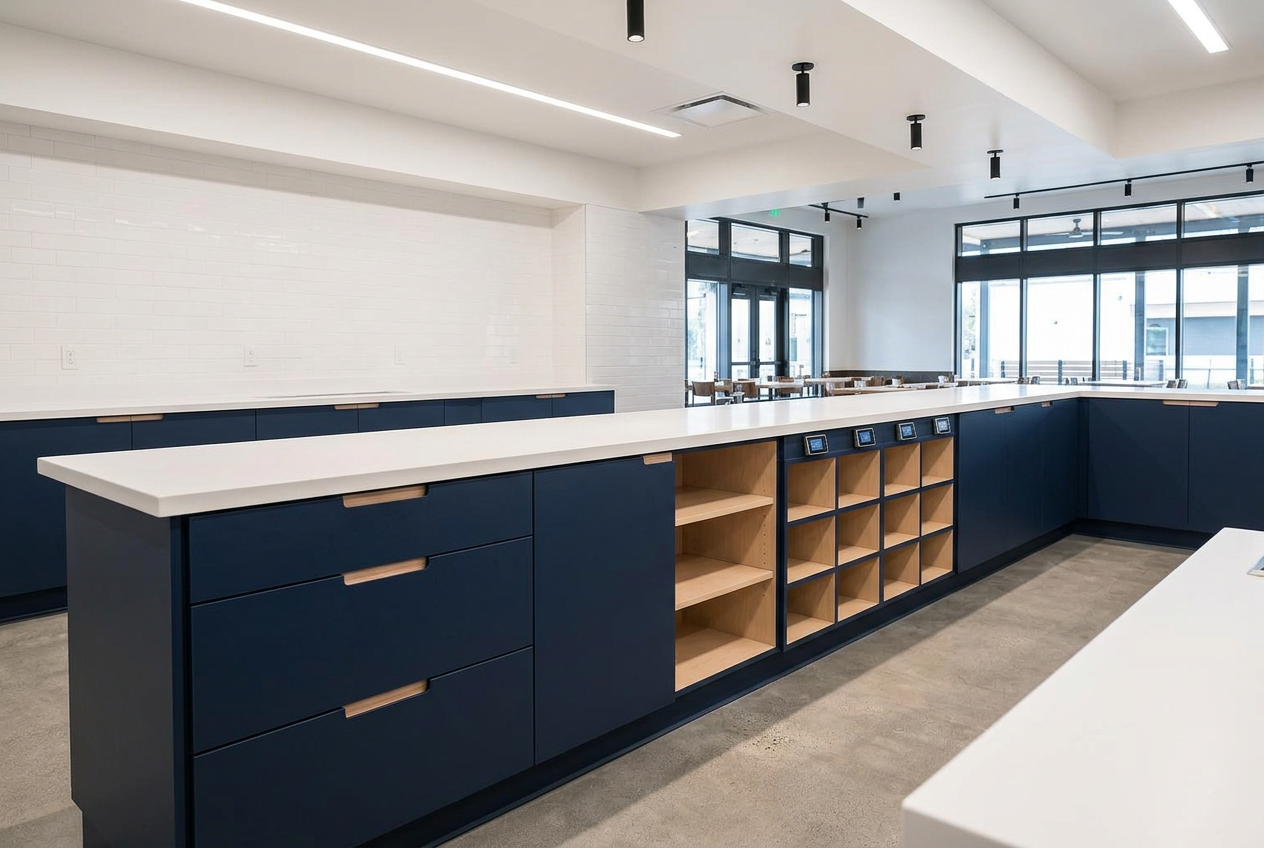 Commercial back-counter casework with integrated storage, stainless worktops and service shelving