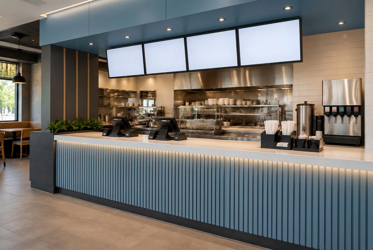Commercial quick-service counter with integrated service stations and wood slat millwork