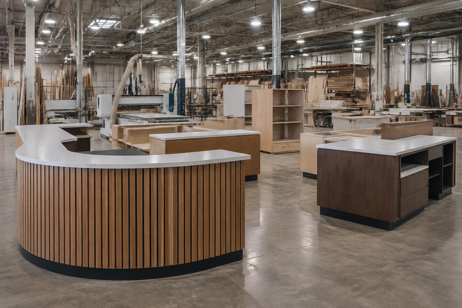 Commercial millwork counter packages staged across a large fabrication shop