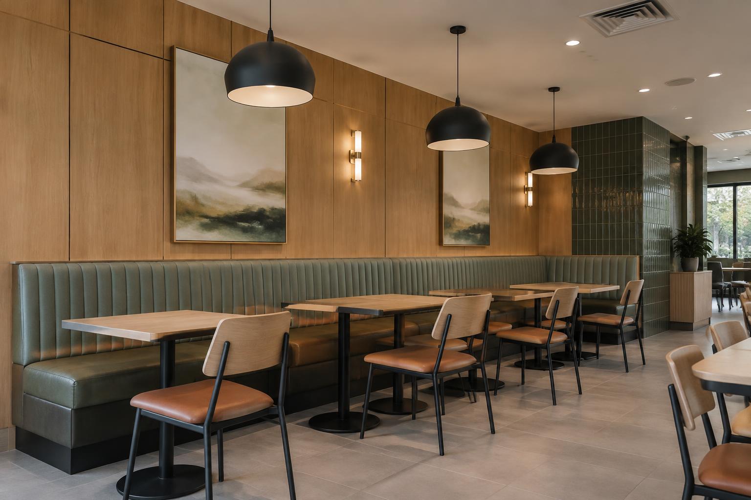 Quick-service dining room with custom banquettes, wall panelling and tables