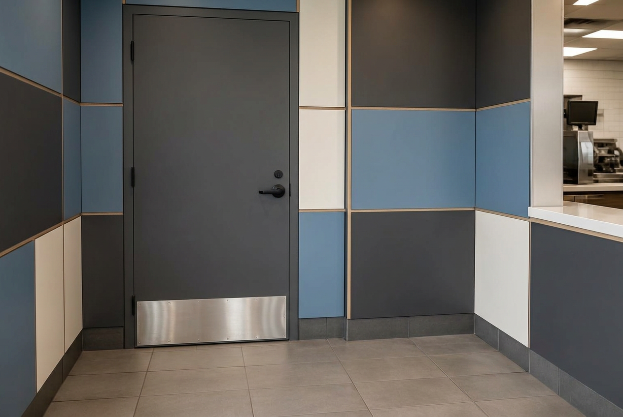 Custom commercial doors, wall panelling and decorative millwork panels for a restaurant interior