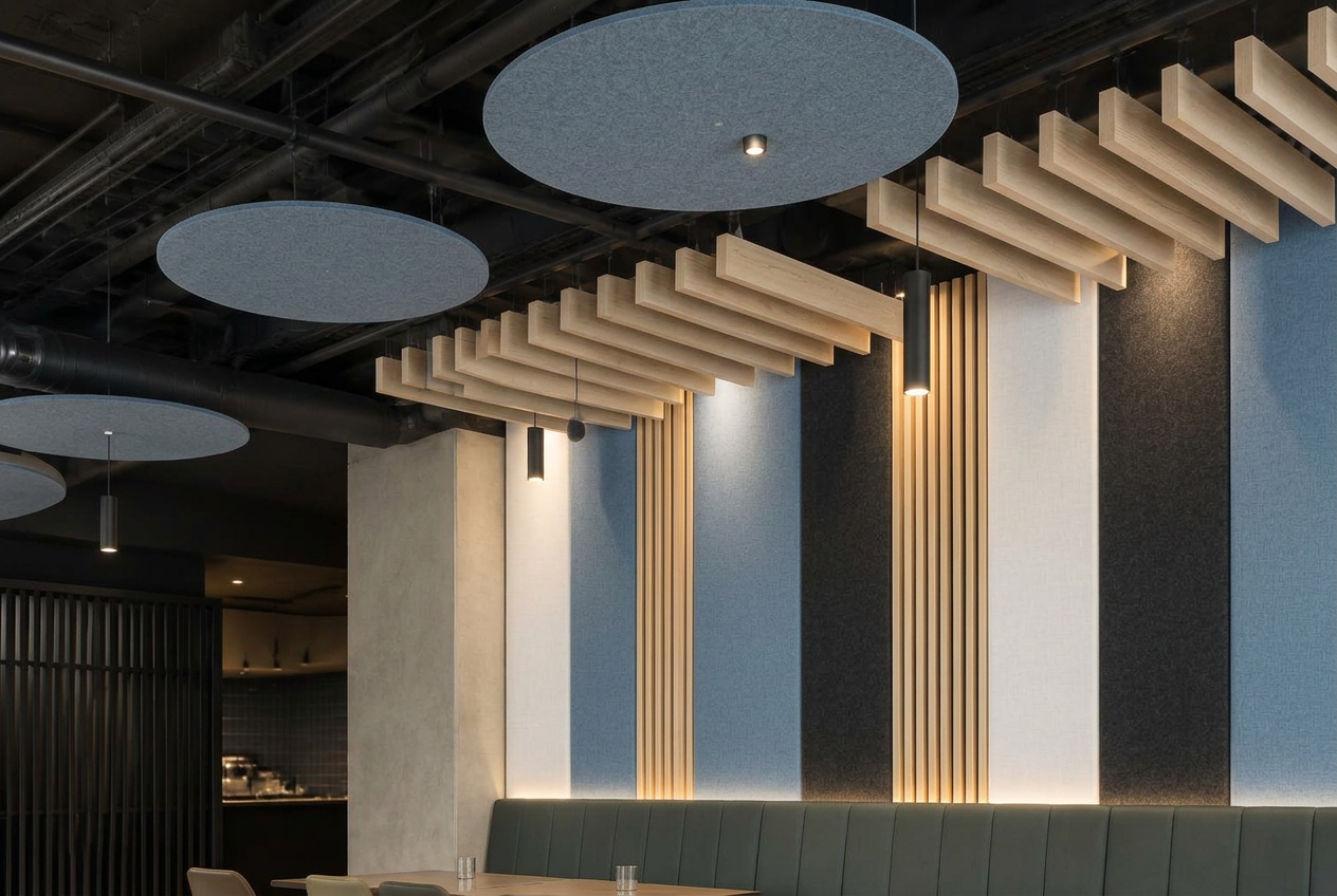 Custom feature walls and ceilings with slat panelling and acoustic baffles for a restaurant interior