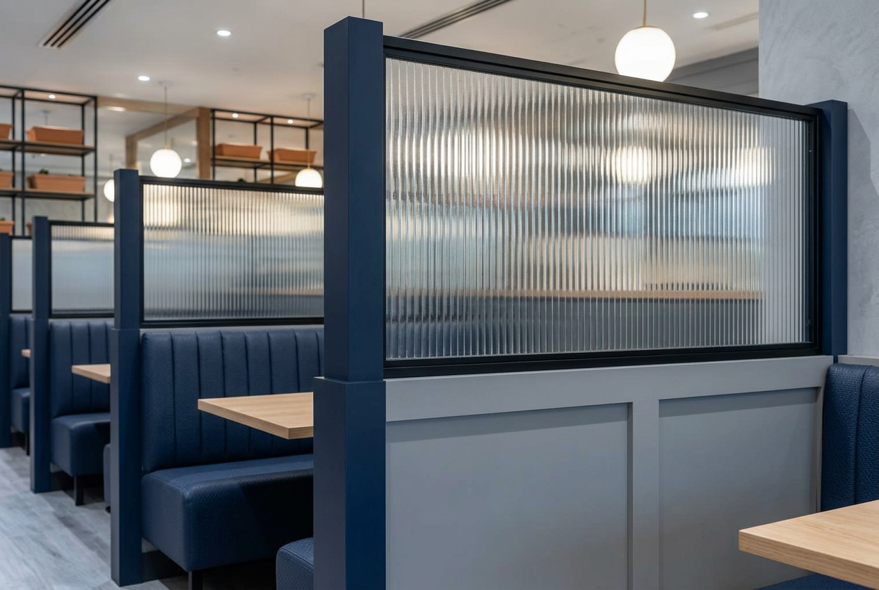 Custom oak and fluted-glass booth partitions in a restaurant dining room